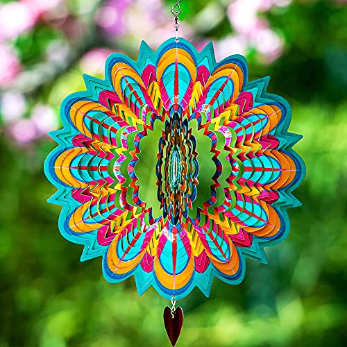 SteadyDoggie Wind Spinner Mandala Flame 12 inches - 3D Stainless Steel - Laser Cut Metal Art Geometric Pattern - Yard Spinners Outdoor - Hanging Wind Spinner, Kinetic Yard Art Decorations