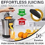 Eurolux Premium Electric Orange Juicer | Stainless Steel Citrus Squeezer With New Ultra-Powerful Motor and Soft Grip Handle for Effortless Juicing, Auto Shutoff, Dishwasher-safe Parts, Pulp Control