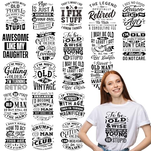Dazoratix Retro Iron on Transfers - 20 PCs Old Man Ready to Press Vintage Black White Heat Transfer Stickers Washable Patches for Father T-Shirts Hat Appliques Bag Decals DIY Craft Clothes Decorations