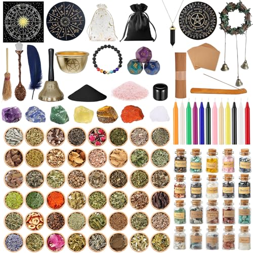 Witchcraft Supplies with Crystal Balls, Wiccan Supplies and Tools for Altar Wicca, Apothecary Starter Kit, Witch Kit for Beginner and Professionals, Include 48 Dried Herbs for Witch Craft (Basic Kit)