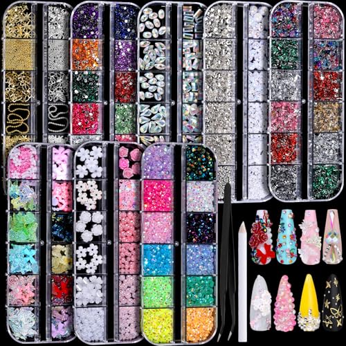 FANDAMEI Nail Charms, Nail Rhinestones Kit with 8 Boxes of Nail Gems, 3D Charms for Nails, Colorful Clear Flatback Rhinestones, Multi Shape Nail Crystals for Craft, Nail Pearls Nail Jewels