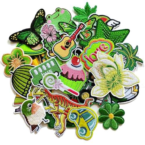 MISDONR 30pcs Green Embroidered Iron on Patches Assorted Size DIY Patches Applique for Clothing Jackets Jeans Pants Backpacks