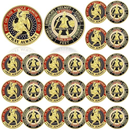 24 Pcs Put on The Whole Armor of God Coin Round Commemorative Coin Souvenir Prayer Metal Christian for Collectors Military Church Party Collectible Challenge Souvenir