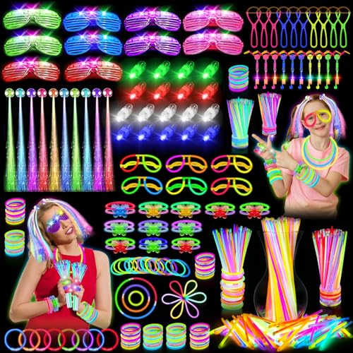 OLUPP Glow in the Dark Party Supplies, 264 PCS Light Up Party Favors with LED Glasses,Glow Sticks,Finger Lights,LED Hair Clips,Slingshot,Glasses Molds,Butterfly Bracelet for Birthday,Raves,New Year