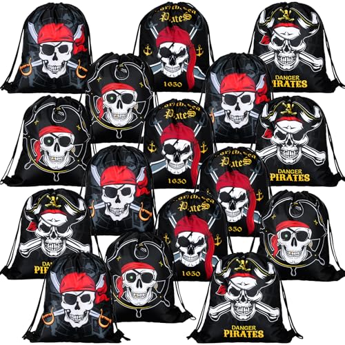 Kacctyen 24 Pcs Pirate Party Favor Goody Candy Treat Bags Halloween Pirate Captain Skull Gift Drawstring Bags for Boys Girls Adventure Themed Birthday Party Supplies Decoration(16 Pieces)