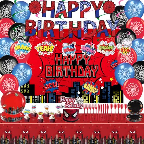 Spider Theme Birthday Party Supplies, Spider Party Decorations Including Birthday Banner, Backdrop, Hanging Swirls, Tablecloth, Balloons, Cake Toppers, Plates, Forks, Knives, Spoons for Spider Party