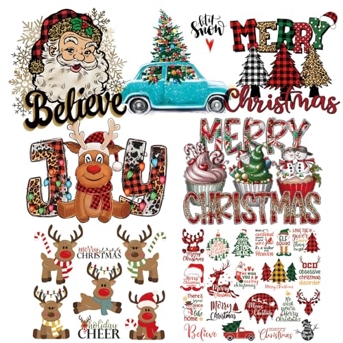 Christmas Heat Transfer Stickers 7 Sheets Xmas Iron on Patches Decals HTV Iron on Vinyl for DIY Clothing Supplies