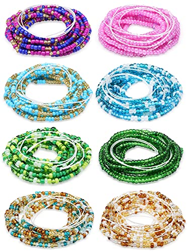 Sureio 8 Pieces 50 Inch Handmade Waist Beads African Belly Beads Chain Plus Size Belly Body Beads for Women Colorful Waist Jewelry Accessories