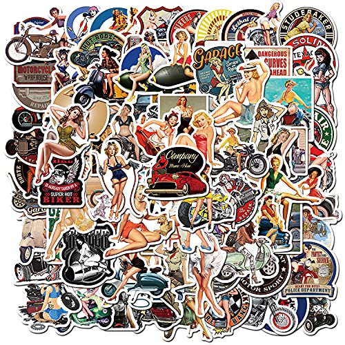 100pcs Sexy Pinup Girl Stickers, Retro Motorcycle Girl Stickers Pack for Adults, Waterproof Vintage Stickers Decals for Water Bottle Laptop Skateboard Bicycle Trolley Case