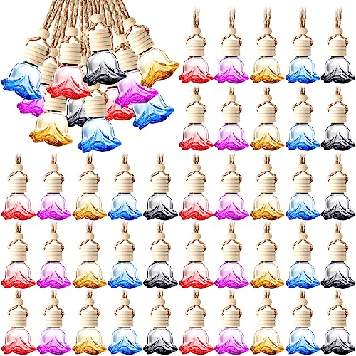 BBTO 50 Pcs Hanging Car Air Freshener Car Diffuser Bottles Empty Glass Perfume Bottle Freshener Diffuser Bottle Pendant for Essential Oil Fragrance Aromatherapy Bottle Ornament (Colorful,Rose)