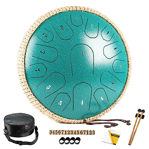 HOPWELL Steel Tongue Drum - 13 Inches 15 Notes Tongue Drum - Hand Pan Drum with Music Book, Handpan Drum Mallets and Carry Bag, D Major (Malachite Green)