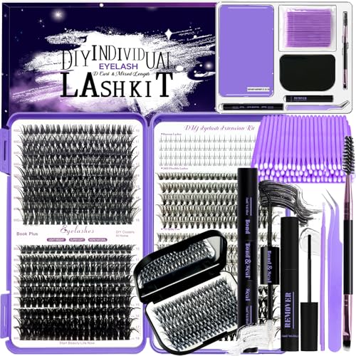DNSGOOR DIY Lash Extension Kit 847Pcs D Curl with Bottom Lashes Individual Eyelashes Extension Set with Mirror Lash Storage Box Lash Bond&Seal Glue Remover Tweezers Lash Brush Applicator