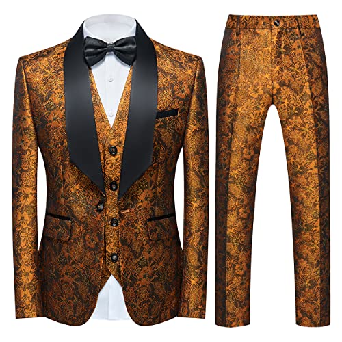 Tuxedo Suits for Men 3 Piece Regular Fit Suit Floral Pattern Blazer Jacket Waistcoat Pants Men Suit Set for Wedding Yellow