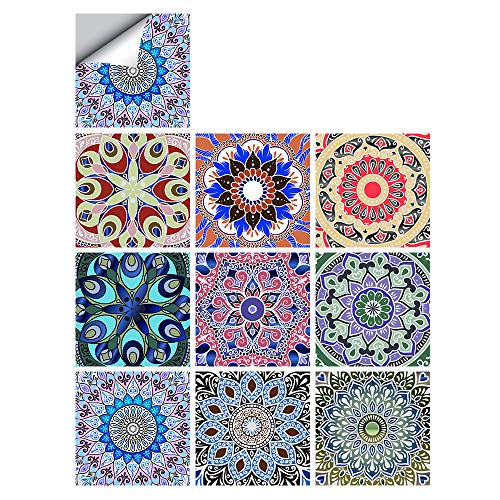 25 PCS Mandala Style Tile Sticker, 4x4 Inch(10x10cm) Traditional DIY Murals, Tile Waterproof Oil Proof Removable Decals for Bathroom & Kitchen Backsplash Oil Proof Wall Stickers (MZ-2-100)