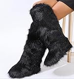 Valpeak Womens Faux Fur Boot Winter Fluffy Long Furry Boots for Girls Outdoor Fuzzy Knee-High Boots(Black,9)