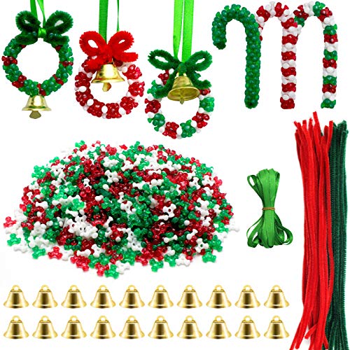 Hifunwu 1570 PCS Christmas Beaded Ornament Kit Christmas Tri-Shaped Beads Plastic Tri Beads with Pipe Cleaners Xmas Party Craft Wreath Candy Cane for Christmas Tree Hanging