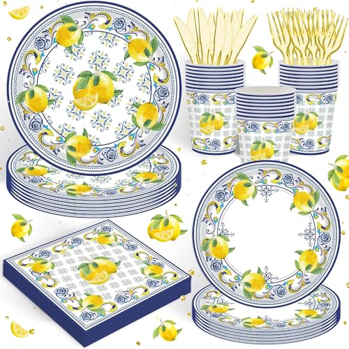 120PCS Capri Lemon Party Supplies for Baby Showe Bridal Shower Wedding Summer Citrus Fruit Themed Birthday Party Decor Italy Yellow Lemon Tableware Disposable Paper Plates Napkins Forks for 20 Guests