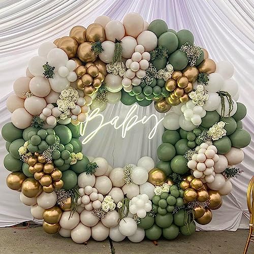 207Pcs Sage Green Balloons Garland Arch Kit, with Olive Green White Metallic Gold Balloons for Wedding Bridal &Baby Shower Bachelor Baptism Birthday Party Decorations Supplies