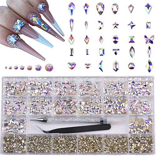 600pcs Big Small Shape Crystal Ab Nail Rhinestones, 7000pcs Round Beads, Flat Back Glass Gem Stones, 3d Nail Art Decoration Jewels Tool Kit Set