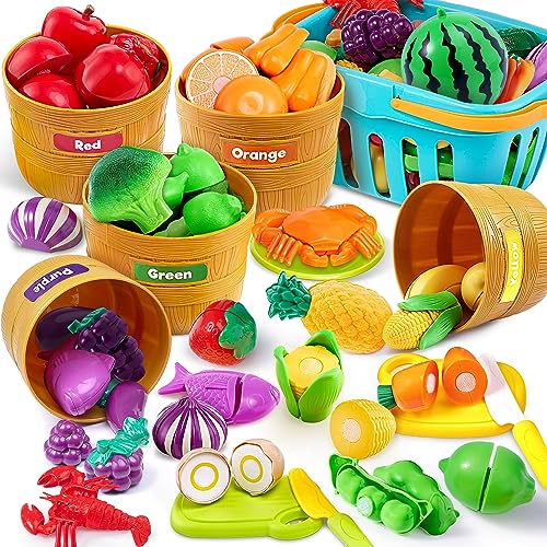 JOYIN Learning Toys Play Food Set for Toddlers, Cutting Food for Preschool Activities, Pretend Play Kitchen Accessories for Kids, Color Sorting Set for Boys & Girls, Daycare Educational Toy