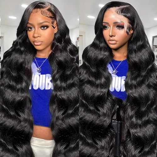 30 Inch Body Wave Lace Front Wigs Human Hair 200 Density 13X6 Hd Transparent Front Wigs Human Hair Pre Plucked Frontal Wigs Human Hair Glueless Wigs Body Wave Wigs Human Hair for Women Natural Black