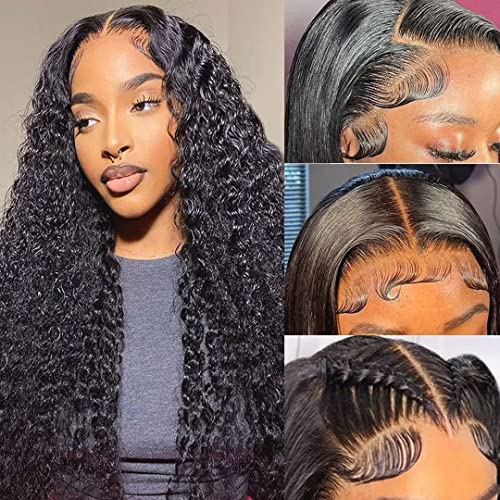 Daules 5x5 Deep Wave Lace Closure Wigs 5x5 HD Lace Closure Wigs Human Hair for Women 5x5 Transparent Lace Front Wigs Pre Plucked with Baby Hair Super Soft Free Part 180 Density Natural Black 28 inch