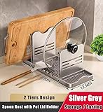 YLTTZH Spoon Rest with Pot Lid Holders,Pot Cover Rack,Pan Spatula Lid and Spoon Rest Rack Stand Cooking Utensil Rest for Countertop,Lids for Pots and Pans,Kitchen Cabinet Storage Racks Organizers