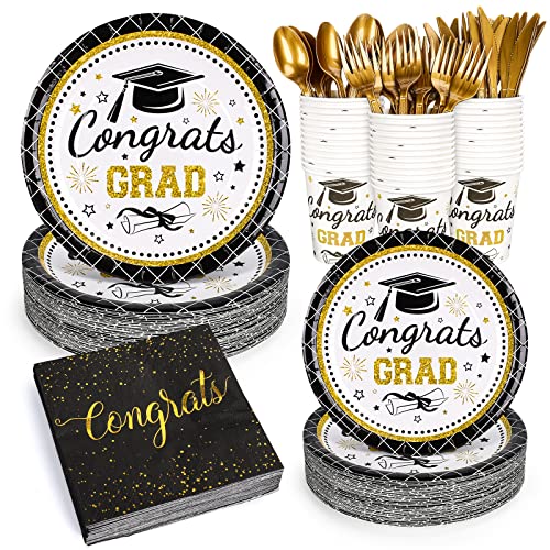 Whaline 175Pcs Graduation Party Supplies, Paper Plates and Napkins Set , 25 Guests Congrats Grad Disposable Tableware Set Include Paper Plate Napkin Cup Knife Fork Spoon for Grad Table Decor