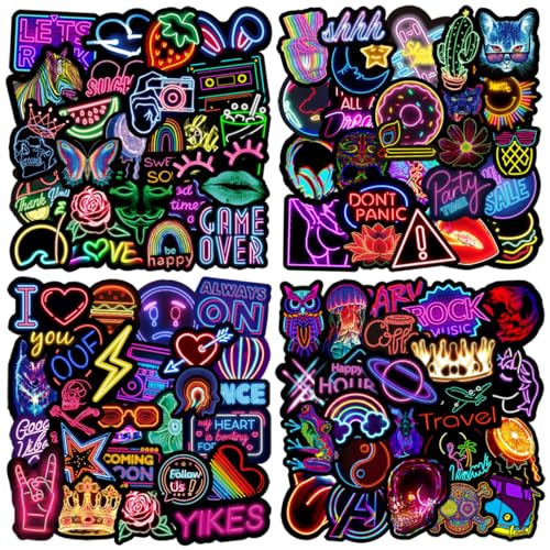 200Pcs Neon Stickers, Graffiti Trippy Adults Stickers for Laptop, Journal, Kindle, Suitcase, Bicycle, Notebooks, Scrapbooking, Waterproof Vinyl Cool Decals