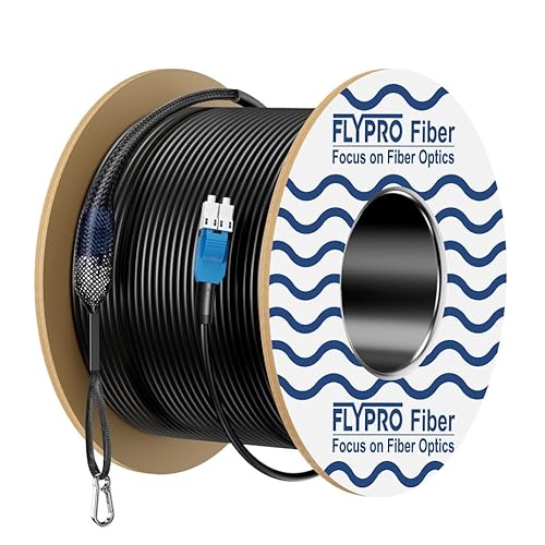 FLYPROFiber- Outdoor Fiber Optic Cable, OS2 Armored LC to LC Uniboot 100m/328ft, Duplex Single Mode Fiber Cable, Direct Burial, 9/125um with Pulling Eye Kit, OD-5mm, Industrial TPU