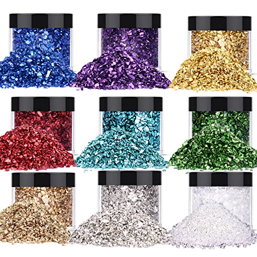 9 Box Broken Crushed Glass Glitter, 6.4oz/180g Irregular Shards Metallic Crystal Chips 2-4mm Chunky Flakes Sequins Gravel for Epoxy Resin Craft Supplies Nail Art DIY