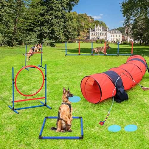 YITAHOME Dog Agility Training Equipments: Includes Flirt Pole Accessorie, 3 Flying Discs, 1 Agility Tunnel, 2 Jumps, 6 Weave Poles, Pause Box, Dog Agility Course Backyard Set Indoors Outdoors