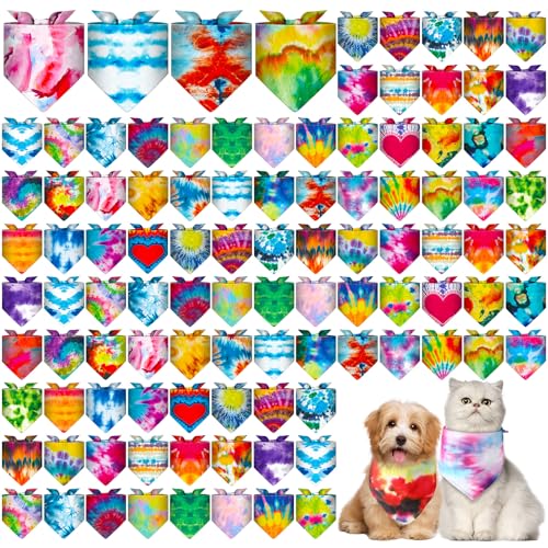 Amylove 120 Pcs Dog Bandanas Bulk Holiday Triangle Dog Pack Puppy Kerchief Bandana Adjustable Pet Scarf for Pet Cat Costume Accessories Decor Summer(Tie Dye)