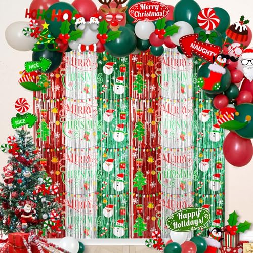 Avezano 98pcs Christmas Decorations Set, Merry Christmas Foil Fringe Tinsel Curtains Balloons Arch Garland Favors for Kids & Adults Selfie Picture Holiday Party Props for Photo Backdrop Supplies