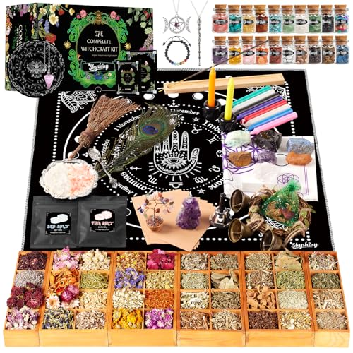 SHYSHINY Witchcraft Supplies Kit, 150Pack Wiccan Supplies and Tools Witchy Gifts for Beginners, Dried Herbs, Crystals, Candles, Green Witch Altar Starter Spell