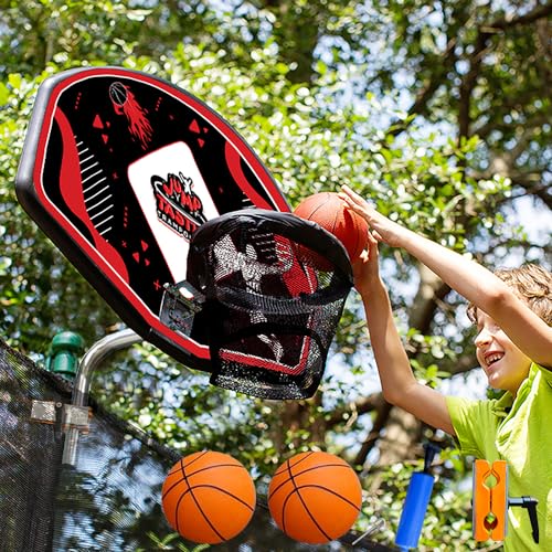 Jump Tastic Trampoline Trampoline Basketball Hoop, Fits Straight and Curved Pole Basketball Hoop for Trampoline, Universal Trampoline Basketball Hoop Attachment with Mini Ball and Pump