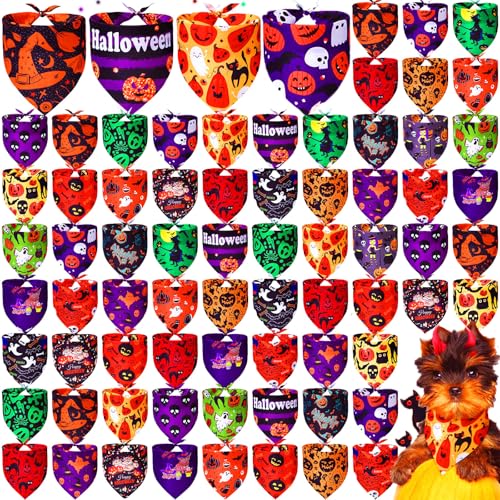 Locmeo 100 Pcs Halloween Dog Bandanas Bulk Pumpkin Black Cat Skull Dog Bandanas Adjustable Pet Bibs Triangle Scarf Halloween Holiday Costume for Small Medium Pet Puppy