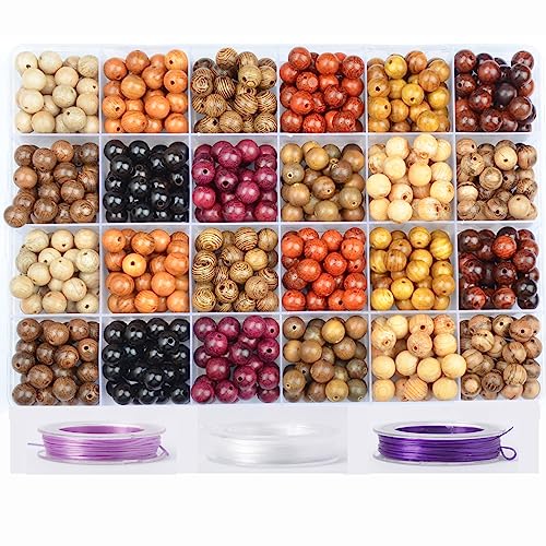 6mm Natural Mixed Wooden Round Loose Beads Jewelry Making KIT with Thread and Needles 960 PCS(12 Wooden, 6mm)
