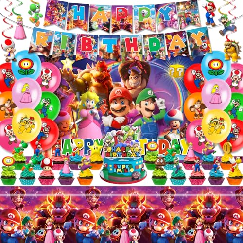 Mario Birthday Party Supplies, Party Decorations Set Include Banner, Backdrop, Balloons, Hanging Swirls, Cake Cupcake Toppers, Tablecloth for Boys Girls Mario Theme Party