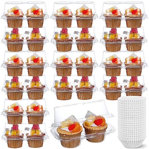 Roshtia 100 Pcs 2 Cavity Cupcake Boxes 300 Pcs Mini Baking Cups 6.9 x 3.9 x 3.5 Inch Clear Stackable Cupcake Carrier Holder with Lid Airtight Plastic Containers for Muffin