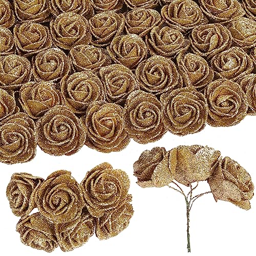 INSUNSIX 60pcs Mini Gold Glitter Foam Rose, 4.5cm Artificial Rose Flowers Bulk with Stem Shiny Foam Roses for Flower Wall Decor,DIY Crafts, Wedding Bouquets Floral Arrangements,Party Home Decor(Gold)