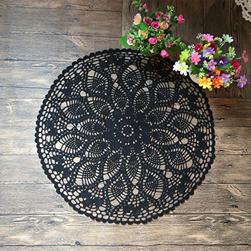 MINDPLUS Cotton Hand Crochet Doilies Lace Crocheted Table Cloth Doily 24 Inches Round Black