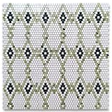 Stone Center Online Thassos White Marble 5/8x5/8 Square Diamond Mosaic Tile w/Green Marble Polished Kitchen Bath Wall Floor Backsplash Shower (1 Sheet)