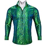 Barry.Wang Men Shirts,Paisley Flower Woven Silk Dress Shirt Green Teal Long Sleeve Formal/Leisure Wedding Party Prom St. Patrick's Day