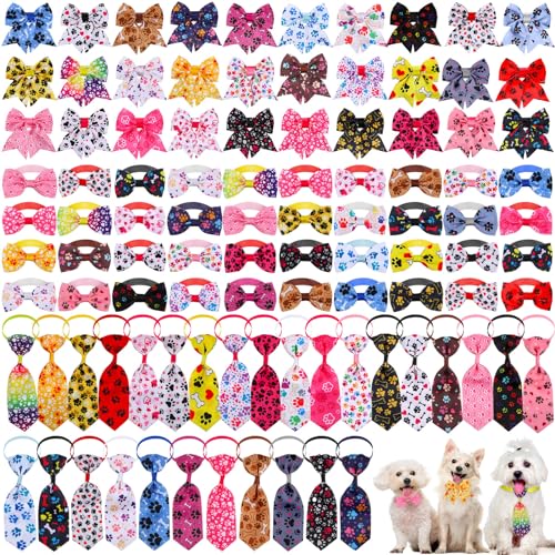 Reginary 100 Pieces Dog Bow Tie Collar Set Include 40 Dog Neckties, and 30 Puppy Bowties, 30 Collar Flowers, Adjustable Pet Ties Grooming for Small Medium Cats Pets Supply(Paw Bone)