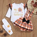 DOMOABEI My First Thanksgiving Baby Girl Outfits 0-3 Months Newborn Turkey Costume Infant Clothes Set Long Sleeve Ruffle Romper Khaki Plaid Suspender Skirt Leg Warmer 3Pcs