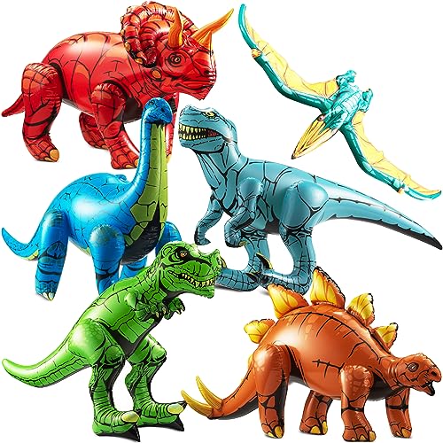 Inflatable Dinosaur Toys for Kids (Pack of 6) Blow-Up Vinyl Dinosaur Balloons Self-Standing Birthday Decorations for Themed Jurassic Party Decorations Supplies Decor & Pool Floats for Boys & Girls