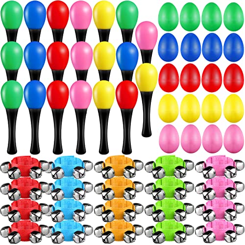 60 Pcs Shaker Musical Instruments Kids Music Party Favor Baby Learning Percussion Toy, Including 20 Pcs Wrist Hand Band Jingle Bells, 20 Pcs Egg Shakers and 20 Pcs Maracas Rattle Shaker Sand Hammers