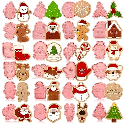 Roshtia 24 Pieces Christmas Cookie Cutters Stamps Mini Embossing 3D Plastic Cookie Stamps Snowman Santa Christmas Tree Reindeer Baking Mold for Xmas Winter Birthday Party Supplies