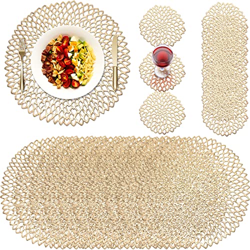 Round Pressed Vinyl Placemats Metallic Placemats Coasters Set Including Placemats and Coasters Hollow Round Table Mats for Wedding Dinner Party Table Supplies (Gold, 24 Pcs)